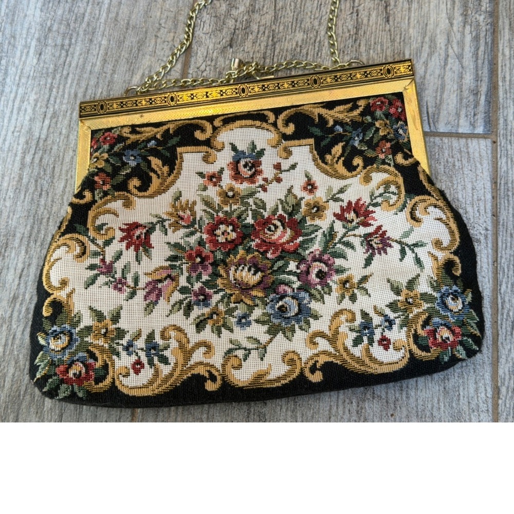 Walborg Tapestry Evening Bag Chain Black Floral Kiss Lock Vintage Purse Shoulder